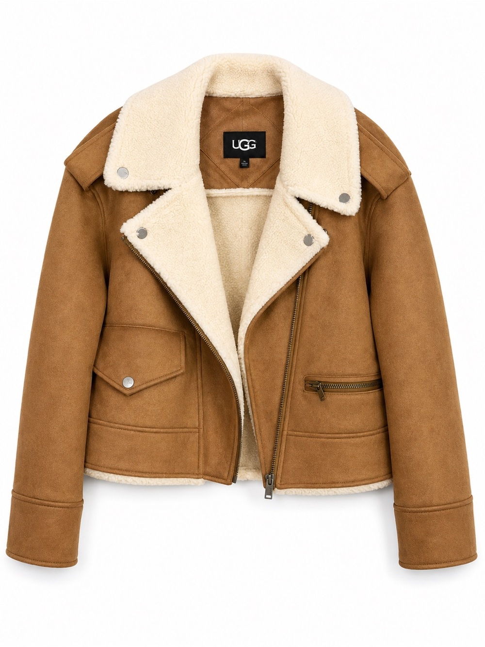 UGG Faux Shearling Moto Jacket Chestnut Suede Biker Coat Large 1175610